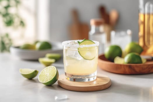 Refreshing classic Margarita cocktail with lime and mint on white table in white kitchen. Closeup photo with space for text.