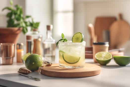 Refreshing classic Margarita cocktail with lime and mint on white table in white kitchen. Closeup photo with space for text.