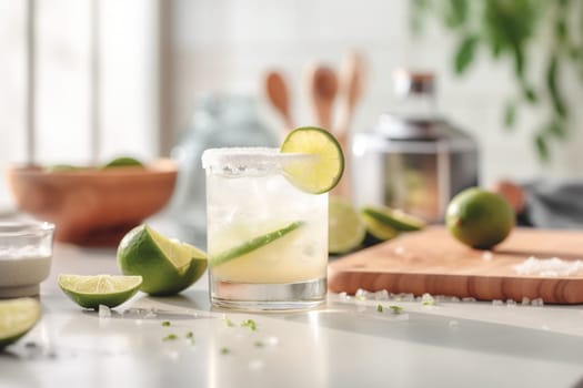 Refreshing classic Margarita cocktail with lime and mint on white table in white kitchen. Closeup photo with space for text.