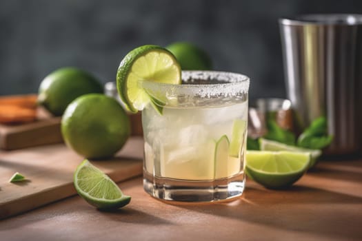 Refreshing classic Margarita cocktail with lime and mint on white table in white kitchen. Closeup photo with space for text.