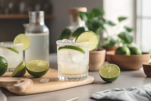 Refreshing classic Margarita cocktail with lime and mint on white table in white kitchen. Closeup photo with space for text.