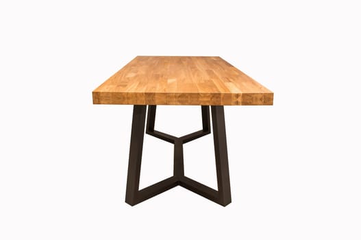 wooden lacquered table with black metal legs on white background.