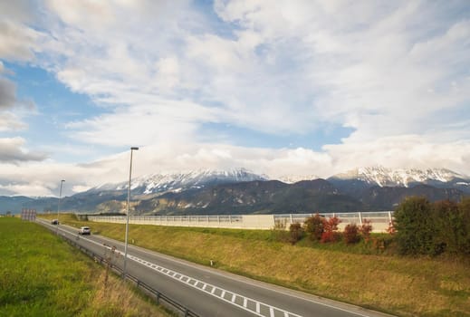 Scenic highway overlooking the Alps in Slovenia.