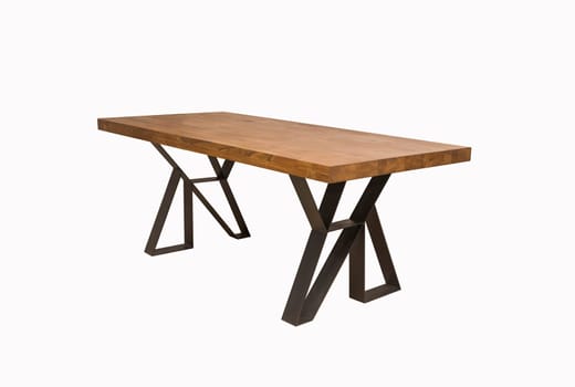 wooden lacquered table with black metal legs on white background.