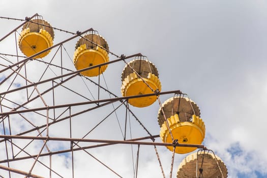 Cockpits of abandoned carousel close up. Pripyat Ukraine.