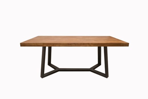 wooden lacquered table with black metal legs on white background.