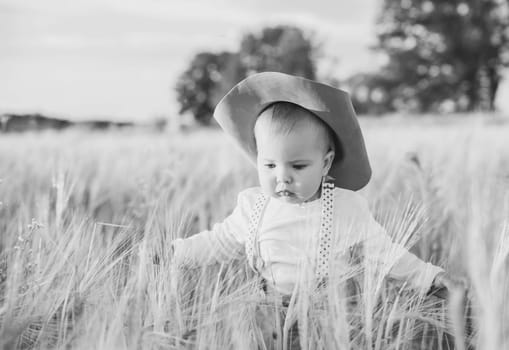 baby in a suit with suspenders standing in a field with wheat.