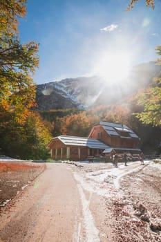 Guest house near the Savica waterfall in the Alps in Slovenia.