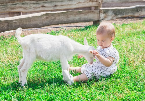 beautiful baby in a sundress plays with goatling on the farm.
