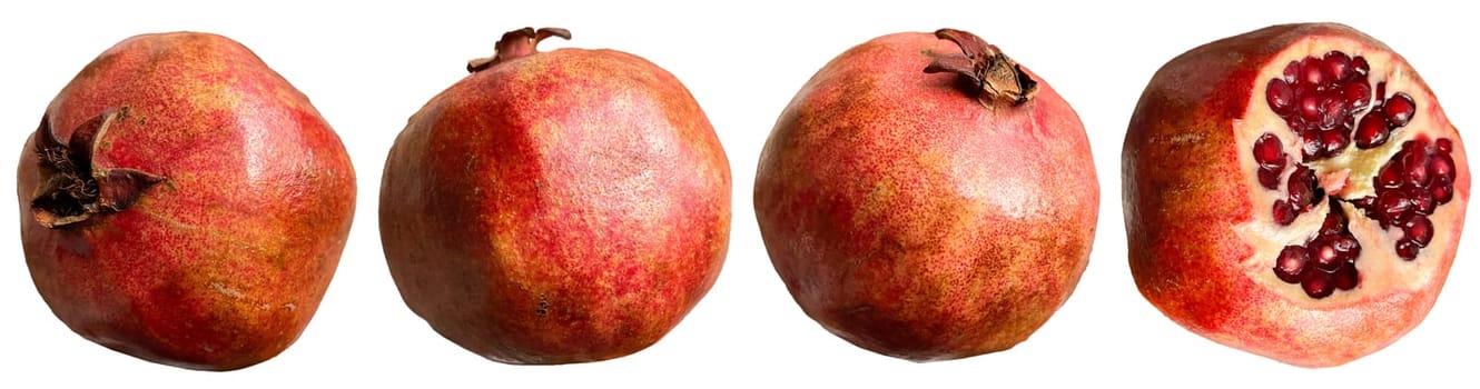 ripe pomegranate in different poses on a white background.