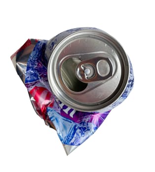 a crumpled tin can on a white background.