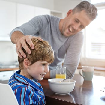 The apple of dads eye. a mid adult man and his son at home in the morning