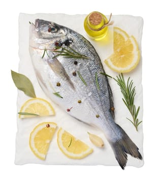 Raw whole dorado fish on white board and spices for cooking, top view 