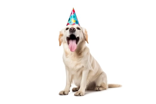 Portrait of Funny big golden retriever dog in birthday cap isolated on white background. Happy birthday concept.
