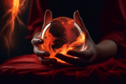 Fortune teller or witch hands and a glowing orange magic ball. Halloween, magic or witchcraft and tricks concept.