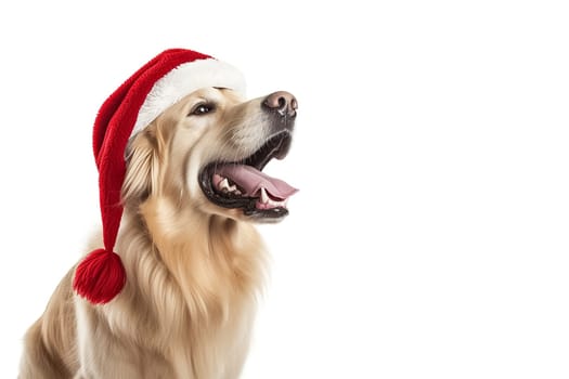A golden retriever dog in a Santa Claus hat. Big dog in a red Santa hat. New year or Christmas Banner with copy cpace