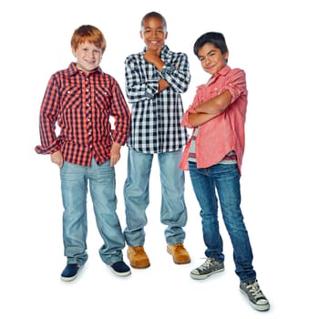 The coolest kids around. Studio portrait of a group of young friends posing against a white background