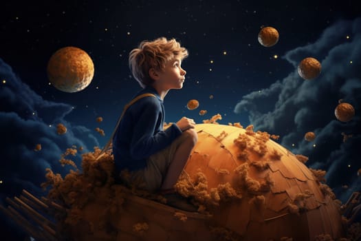 The Little Prince. Antoine Marie Roger de Saint Exupery. A timeless classic, a book, a story, for children and adults. Creative reproduction, young man, hero pilot.