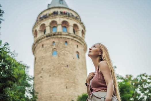 Portrait of beautiful woman tourist with view of Galata tower in Beyoglu, Istanbul, Turkey. Turkiye.