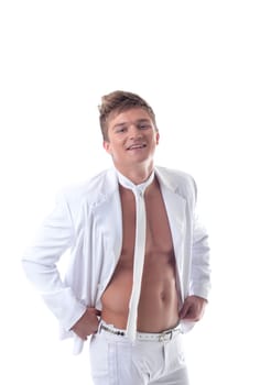 Image of handsome young dancer smiling in studio, close-up