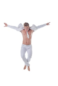 Image of handsome stylish man jumping isolated on white background