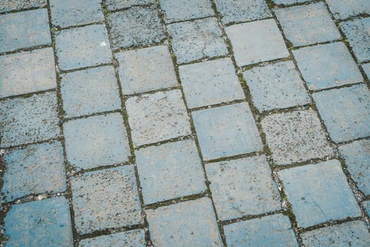 A road paved with stones, a green grass between stones on the sidewalk.