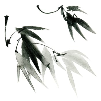 Watercolor and ink painting of tree branch with leaves, hand drawn art in sumi-e style. Oriental traditional painting.