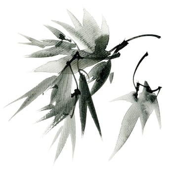 Watercolor and ink painting of tree branch with leaves, hand drawn art in sumi-e style. Oriental traditional painting.