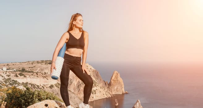 Fitness woman sea. Outdoor workout on yoga mat in park near to ocean beach. Female fitness pilates yoga routine concept. Healthy lifestyle. Happy fit woman exercising with rubber band in park.