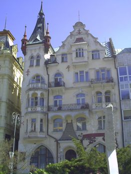 Houses in city center of Karlovy Vary. Beautiful buildings from traditional town of Karlovy Vary, Czech Republic