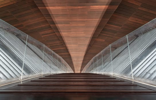 Nakhonsawan, Thailand - Apr 23, 2023 - The Interior Design Art Architecture name is PA SAN or Pasan Wooden Bridge, The memorial building landmark architecture for the origin of Chao Phraya River at Pak Nam Pho Located at the cape of Yom Island The confluence of the Ping and Nan rivers. Selective focus.