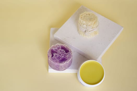 Handmade products, loofah, body balm and natural soap.