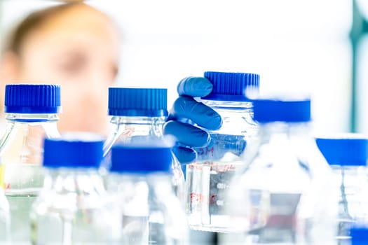 chemical substances in glass flasks in a research laboratory. High quality photo