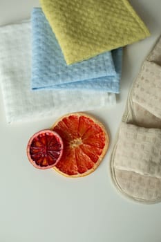 pattern, fabric shoes, dried orange, shower slippers, lies on the table