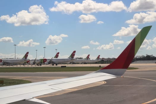 LISBON, PORTUGAL - May 2020: TAP airplane in Lisbon airport. TAP Portugal, founded 1945, is the national airline of Portugal with 80 destinations in 36 countries across the world.