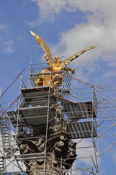 The Angel of Independence, officially known as a victory column located on a roundabout over Paseo de la Reforma in downtown Mexico City, being worked on.