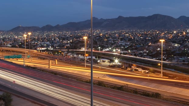 Highway i10 El Paso overlooking Juarez at night