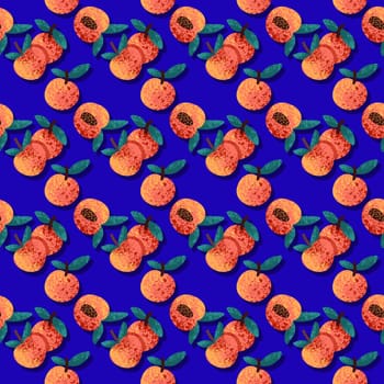 seamless pattern with peach on a blue background. Hand-drawn textured pattern with peaches