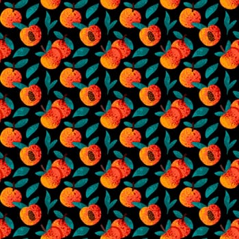 seamless pattern with peach on a back background. Hand-drawn textured pattern with peaches
