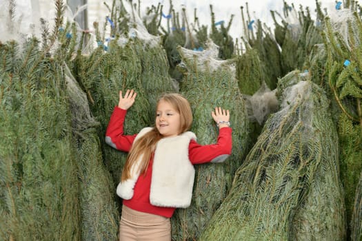 A girl buying a Christmas tree in the market.
