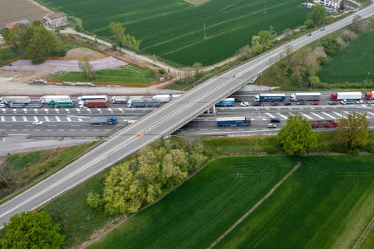 Piacenza, Italy - 13 April 2023 Traffic jam on highway during rush hou in autostrada del sole, italy near Piacenza