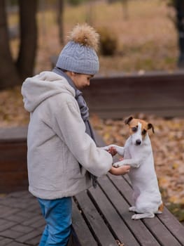 Caucasian girl holding a dog by the paws for a walk in the autumn park. Jack Russell Terrier stands on its hind legs on a bench