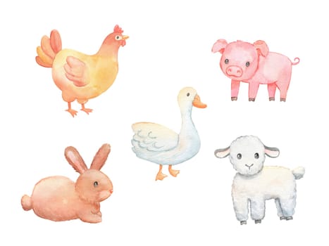 Cute baby piglet, lamb and chicken isolated on white. Watercolor farm animals set. Childish character