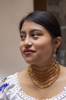 closeup of the face of an indigenous woman vertically, looking to the side and smiling. traditional indigenous clothing. High quality photo