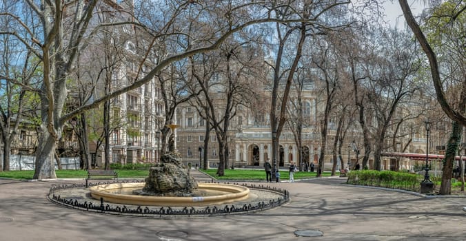 Odessa, Ukraine 15.04.2023. Fountain in the City square Palais Royal in Odessa, Ukraine, on a sunny spring day