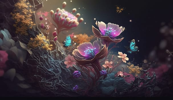 Beautiful fabulous flowers with a blur on the background. Fantasy Background. Fairy tale banner.