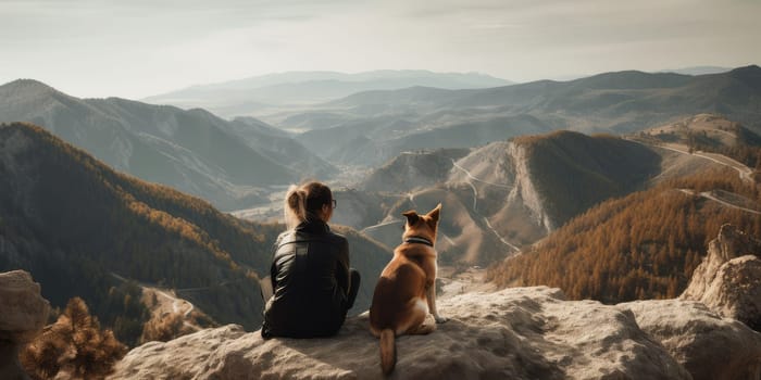 Young beautiful woman enjoy view with her dog during hiking trip in the mountain. distinct generative AI image.