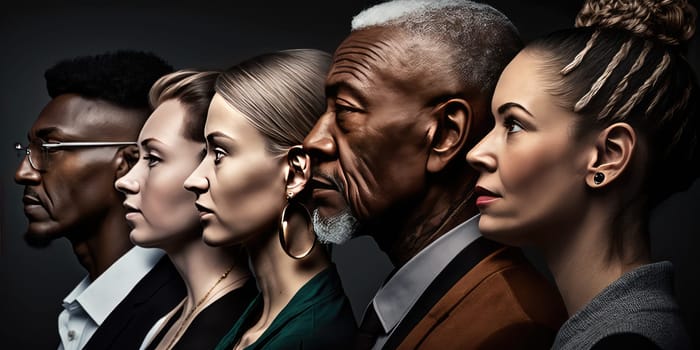 Face portrait of diverse people together looking straight. Multiracial concept. distinct generative AI image.