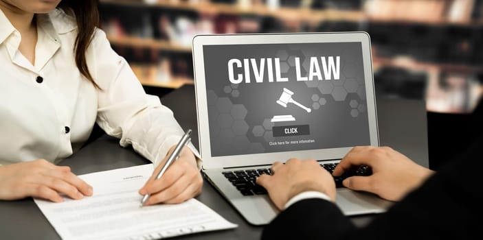 Civil law astute information showing on laptop computer screen for Common Justice Legal Regulation Rights Concept