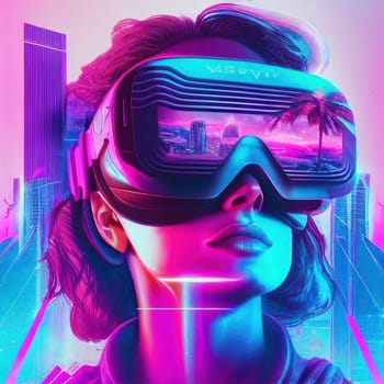 Ravishing cyberpunk gamer girl retro style portrait with neon and futuristic lighting wearing VR headset displaying cityscape virtual world double exposure by Generative AI.